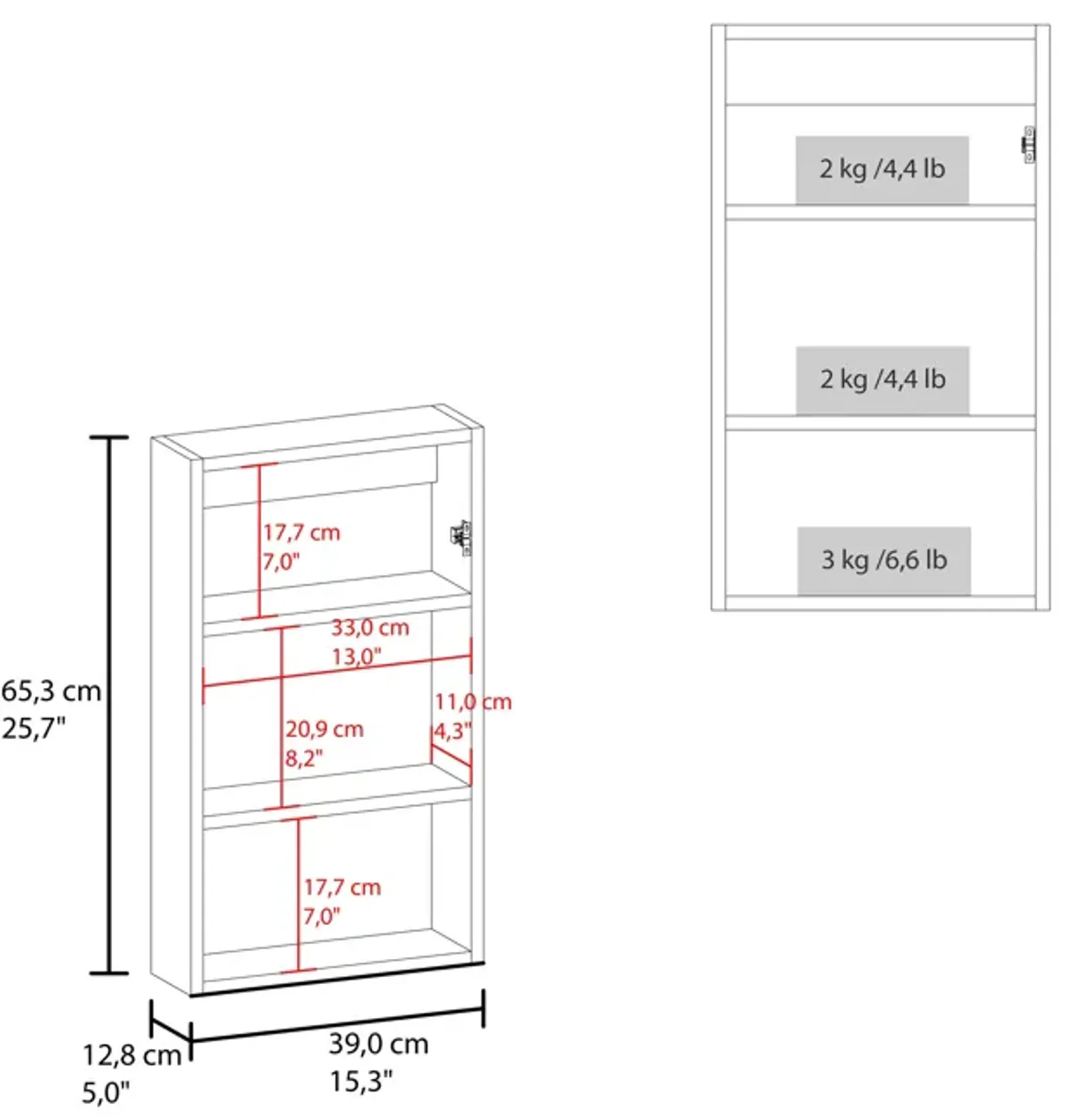 Kiana Medicine Cabinet 25.7" H, 1 Door, 3 Shelves, 1 Mirror, White