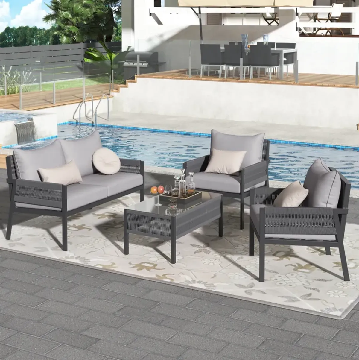 Merax 4-Piece Rope Outdoor Conversation Set with Sofa Table