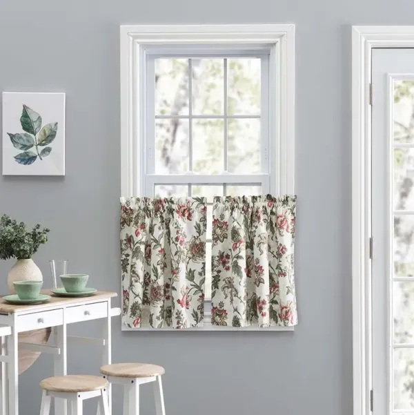 Ellis Curtain Madison Floral Design Printed Natural Ground 1.5" Rod Pocket Tailored Tier
