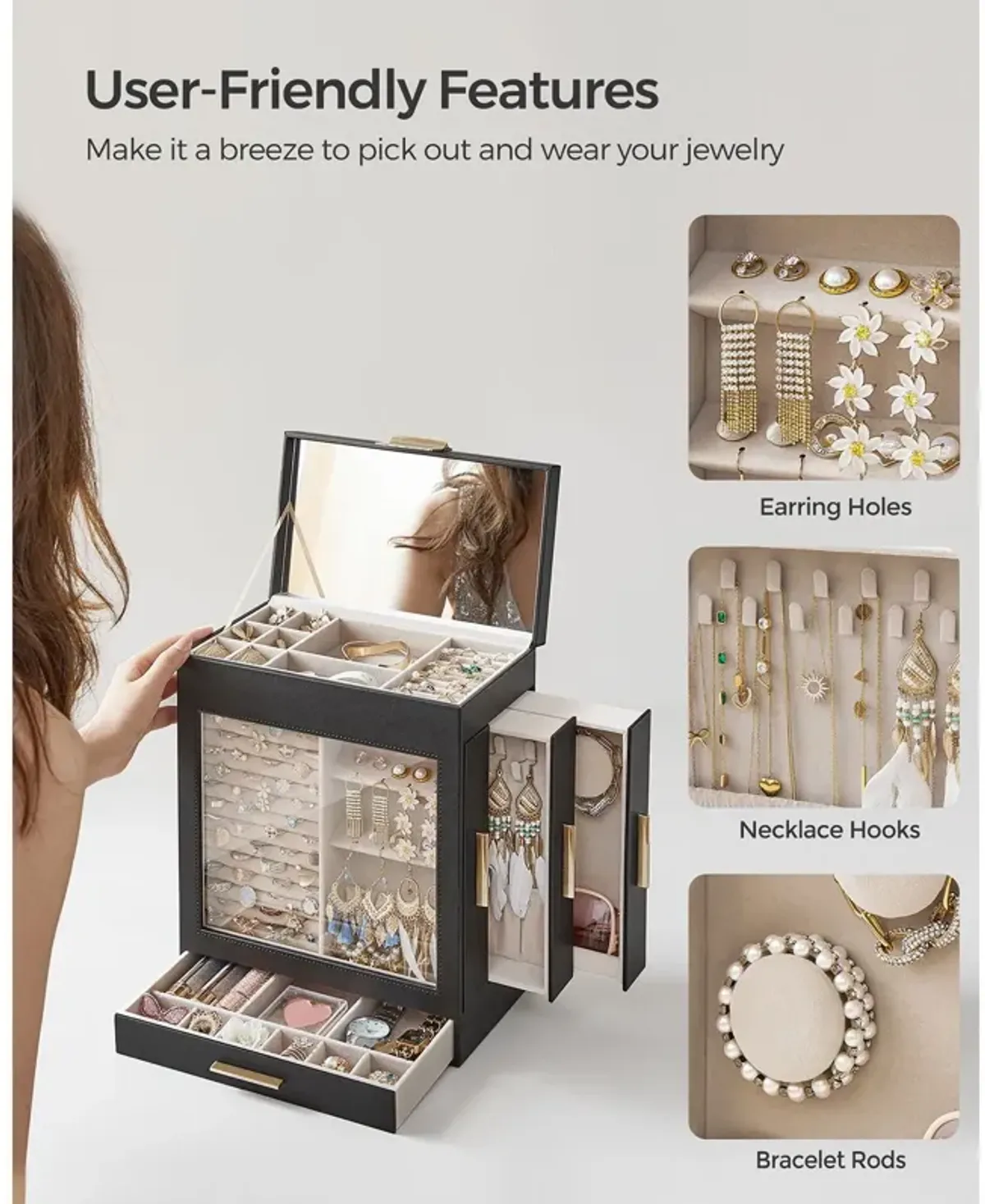 Elegant 5-Layer Jewelry Box with Glass Window, Vertical Storage Space, and Large Mirror