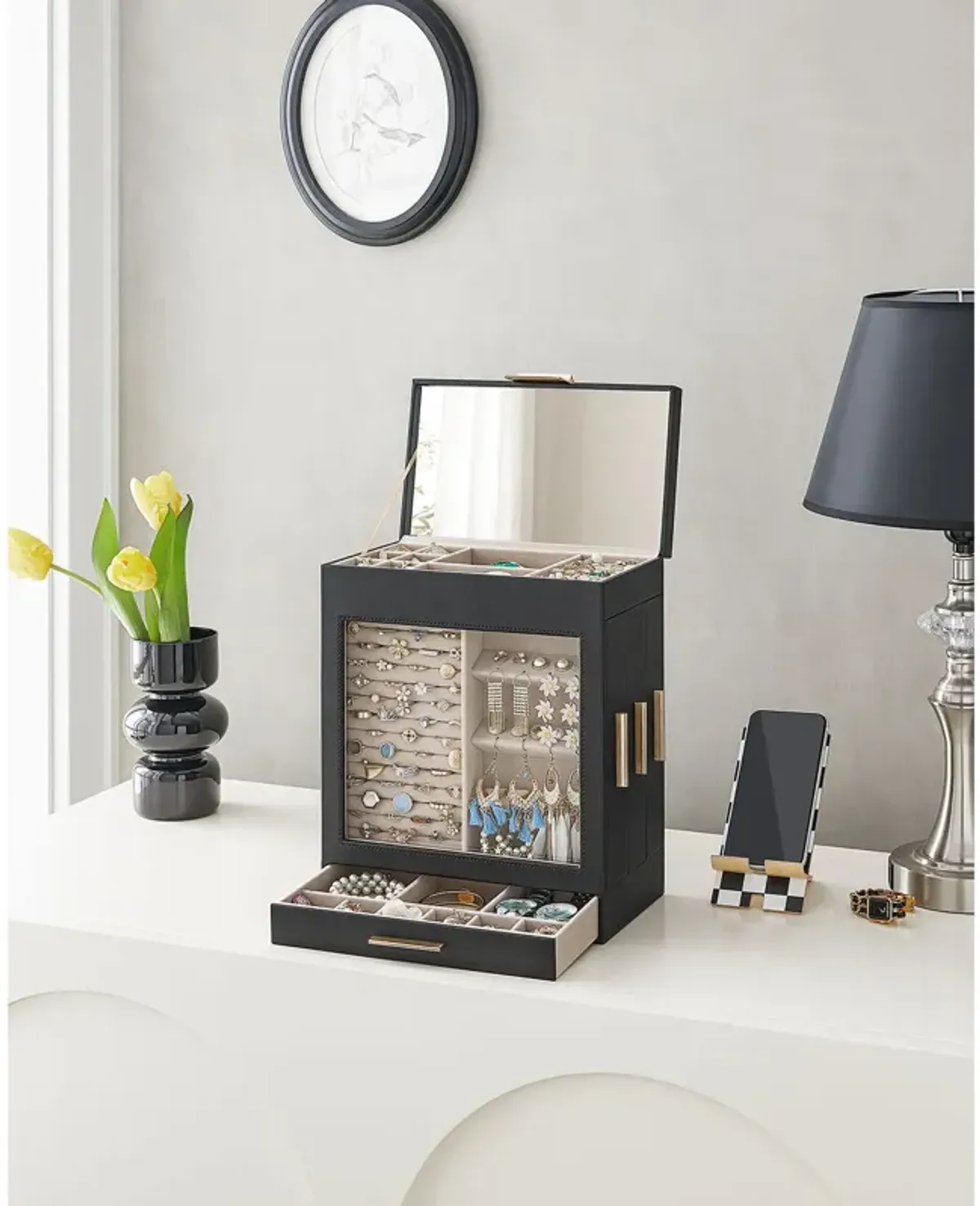 Elegant 5-Layer Jewelry Box with Glass Window, Vertical Storage Space, and Large Mirror