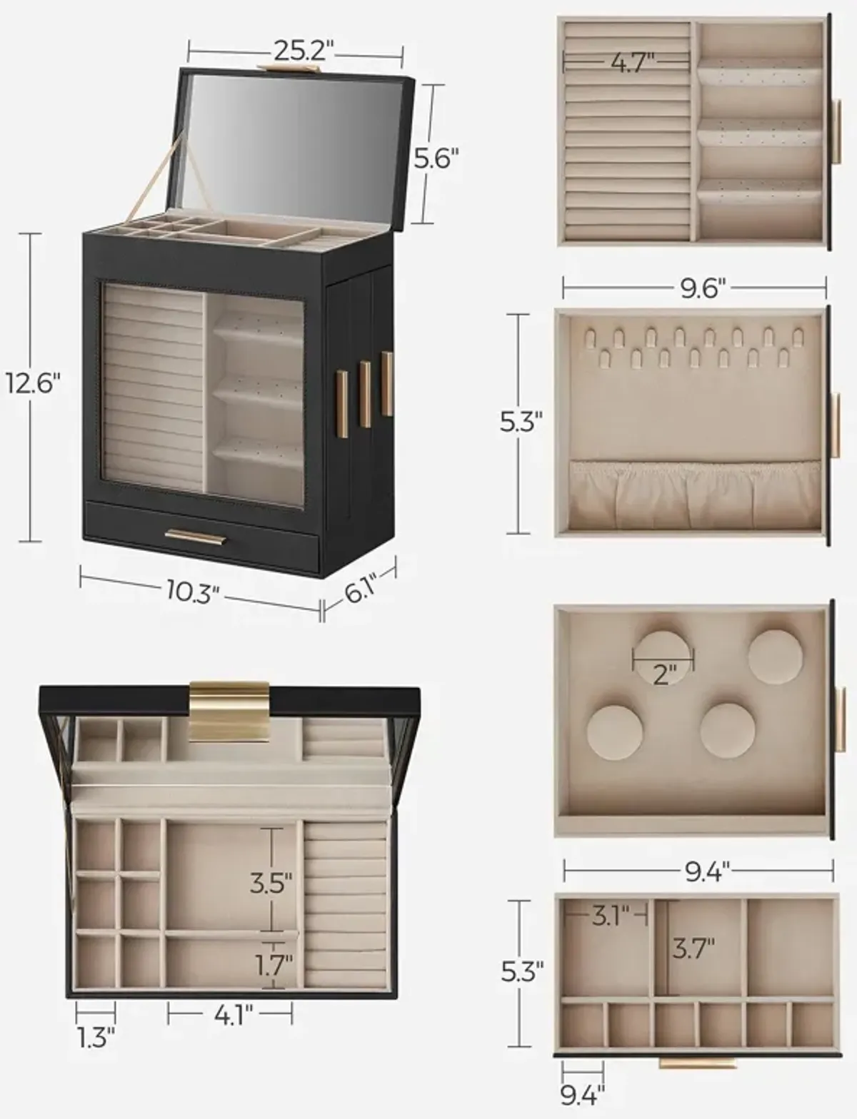 Elegant 5-Layer Jewelry Box with Glass Window, Vertical Storage Space, and Large Mirror