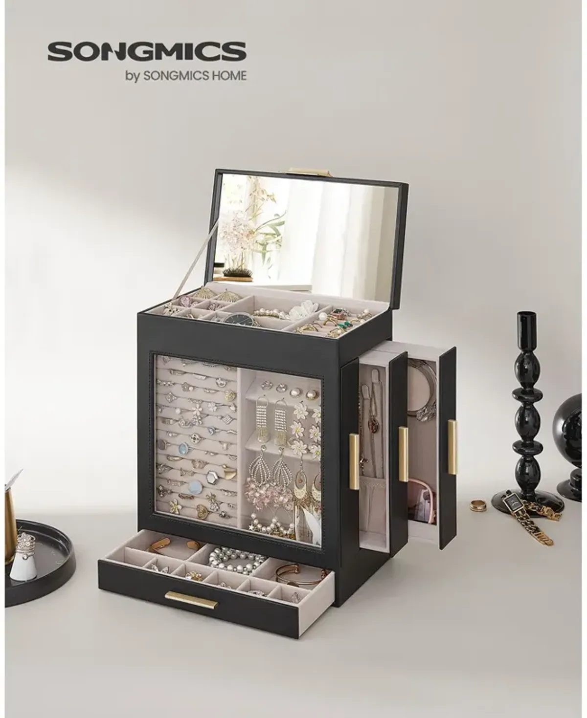 Elegant 5-Layer Jewelry Box with Glass Window, Vertical Storage Space, and Large Mirror