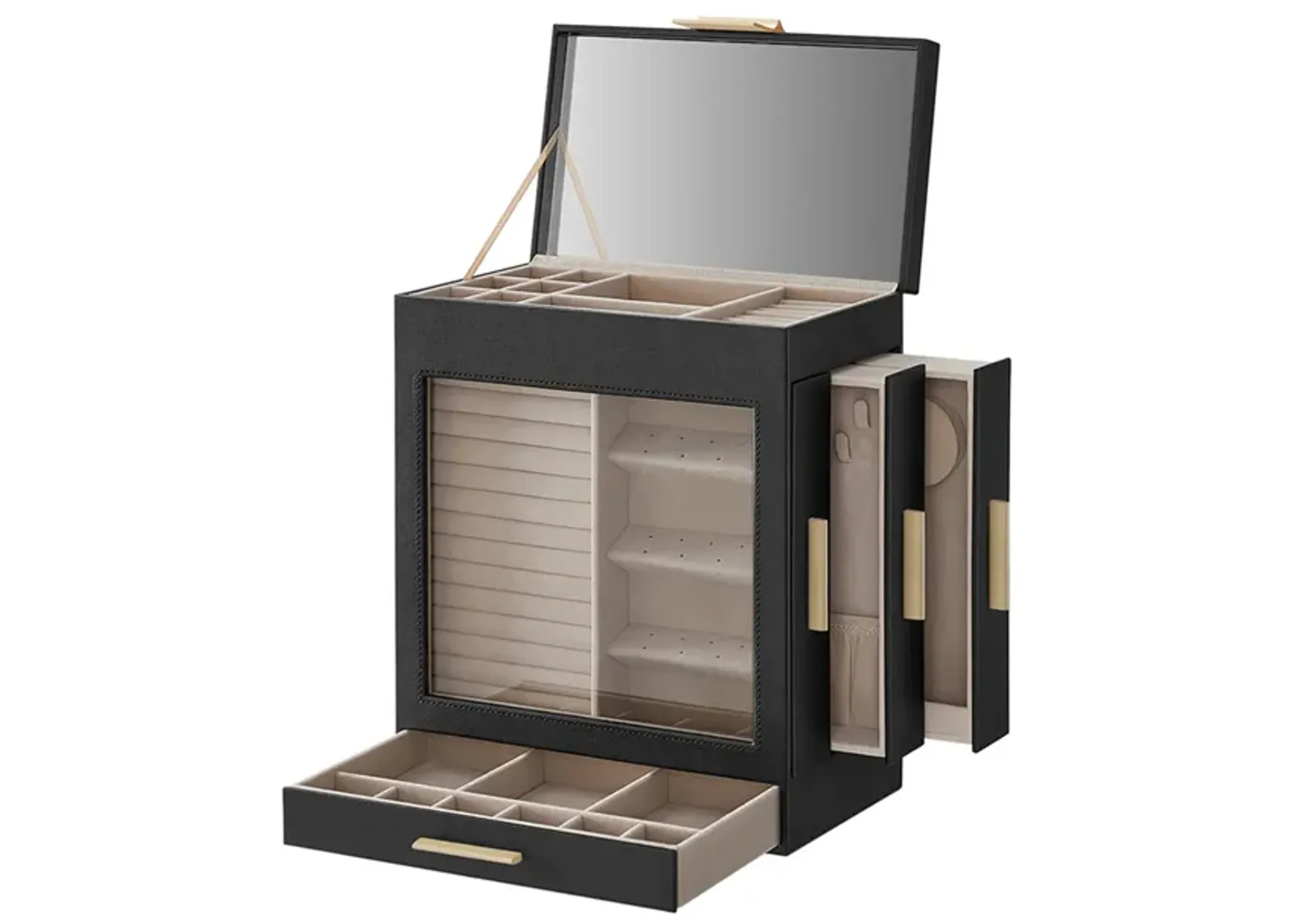 Elegant 5-Layer Jewelry Box with Glass Window, Vertical Storage Space, and Large Mirror