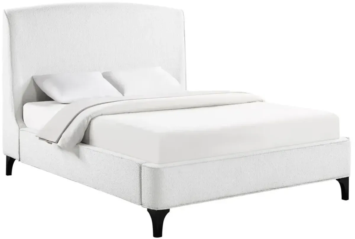 Benjara Mabe King Size Bed, Wingback Curved Headboard, White Fabric Upholstery