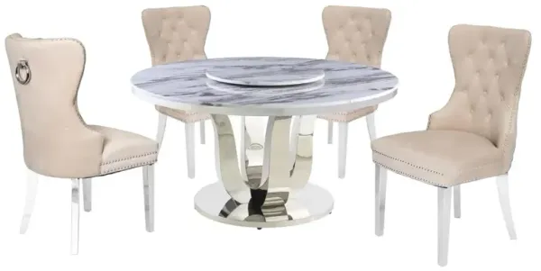 White Marble Round 5 piece Dining Set Ring Chairs in Cream Velvet - Lazy Susan