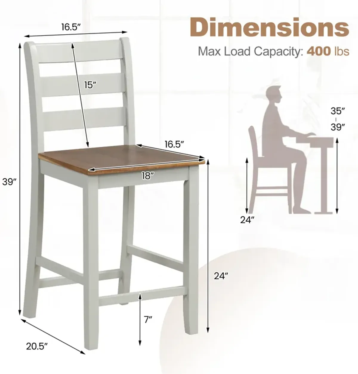 Set of 2 Counter Bar Stools with Inclined Backrest and Footrest Comfortable Seating for Kitchen or Bar