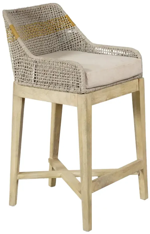 Avira 30 Inch Set of 2 Barstool Chairs | Handcrafted Mango Wood | Cotton Rope Weaving | Beige Cushion