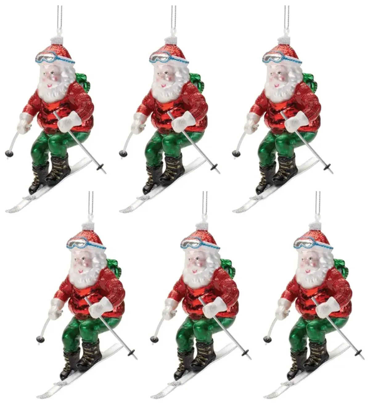Skiing Santa Glass Ornaments (6-Pack) – Festive Santa Claus Tree Decorations for Snow-Themed Holiday Styling