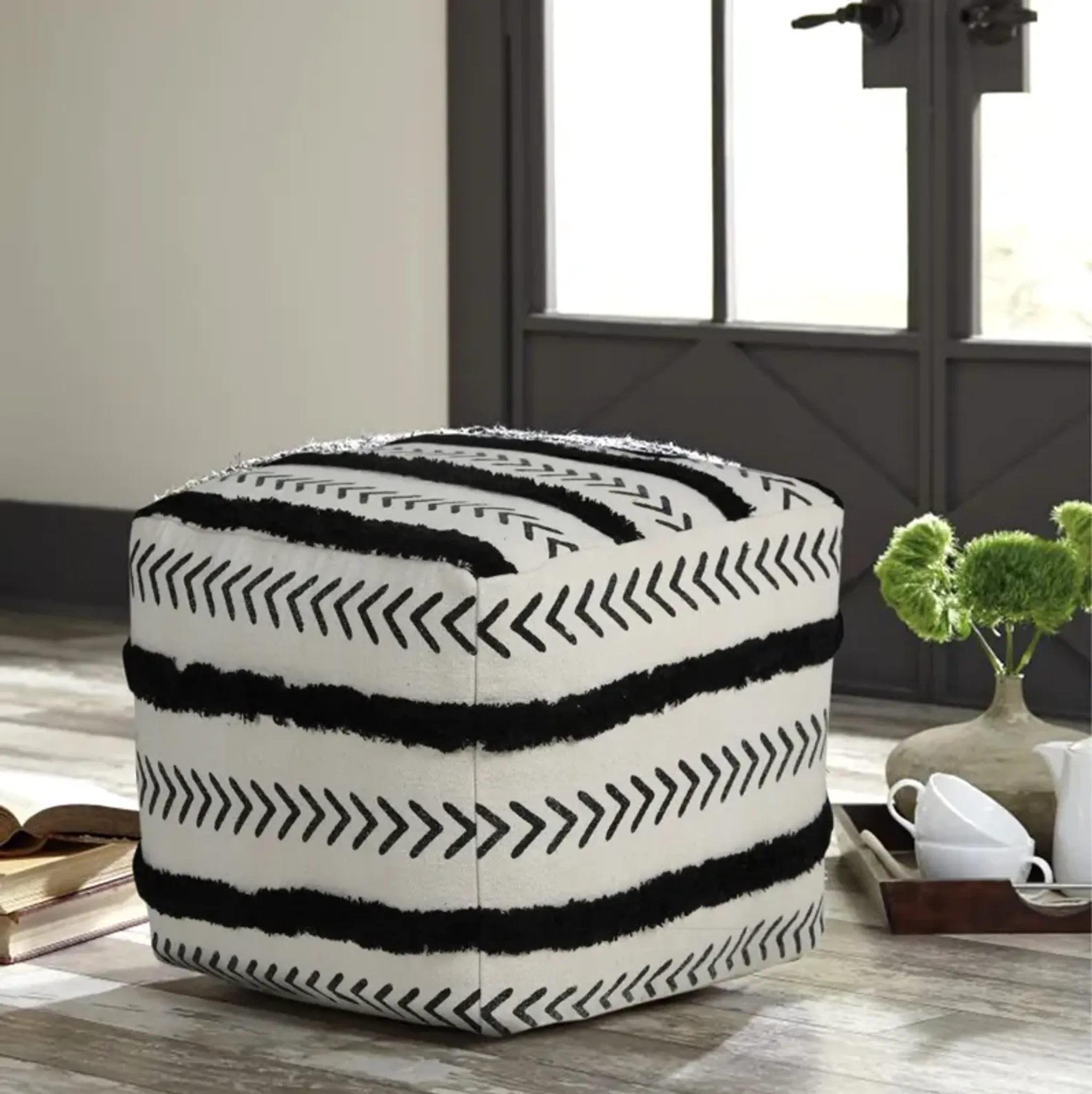 Hivvago 18 Inch White Cotton Striped Pouf Ottoman | Furniture.com