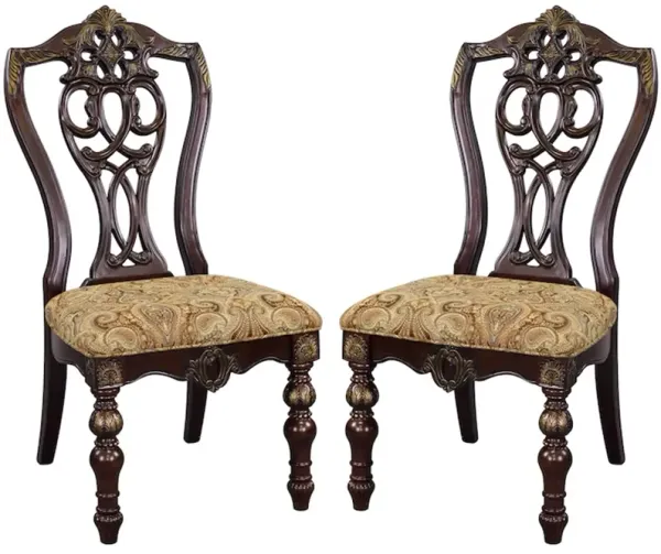 Fabric Upholstered Wooden Side Chair With Intricate Back, Set of 2 , Cherry Brown-Benzara