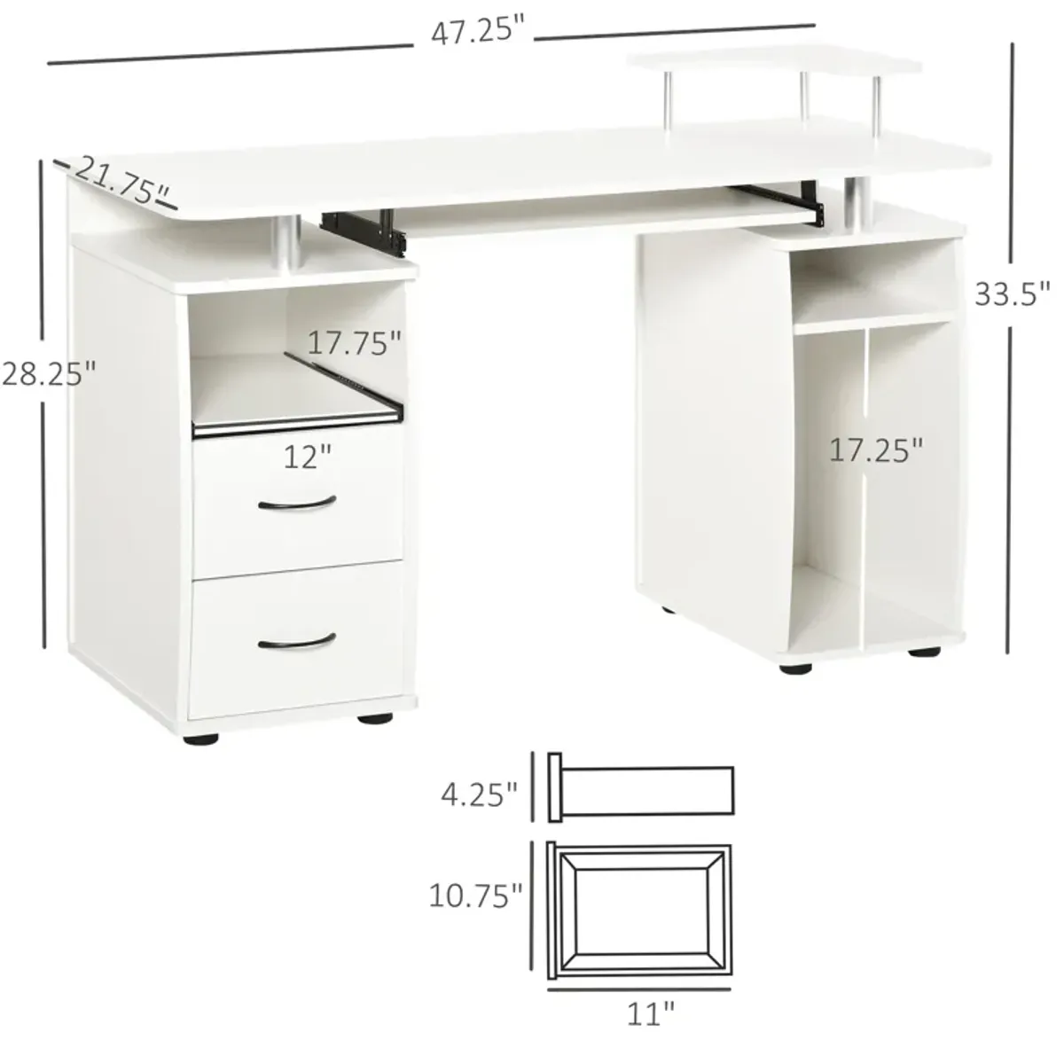 White Home Office: Multi-Function Computer Desk with Keyboard Tray