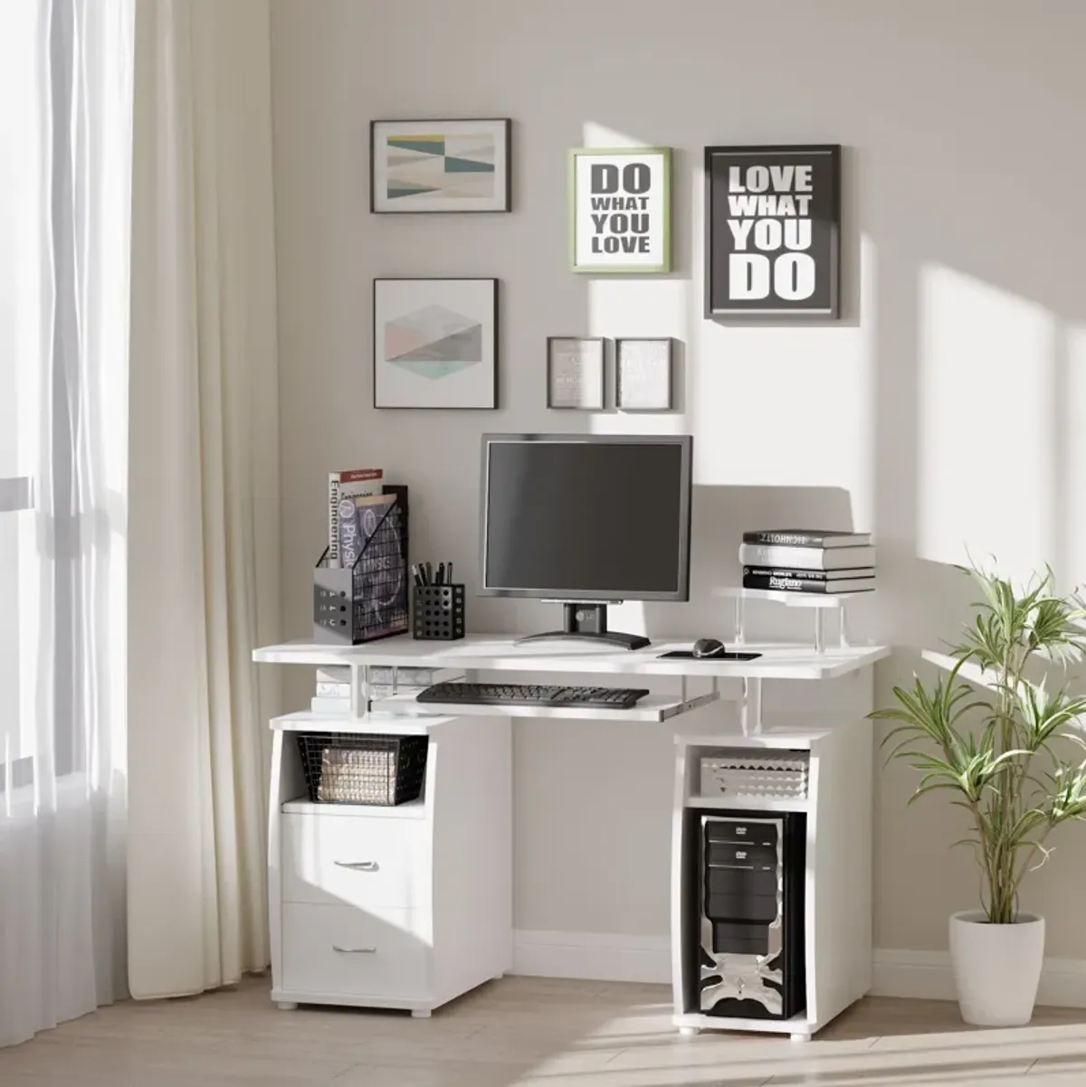 White Home Office: Multi-Function Computer Desk with Keyboard Tray