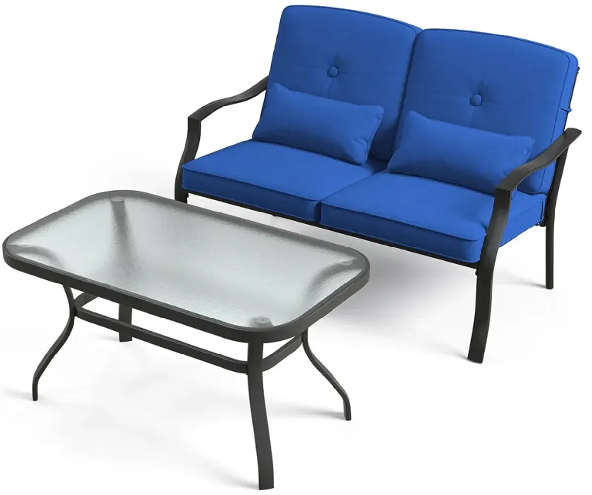 Outdoor Loveseat Chair Set with Tempered Glass Coffee Table