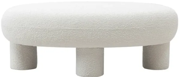 Cid 46 Inch Accent Bench Ottoman, White Polyester Oval Seat, Pine Wood Legs - Benzara