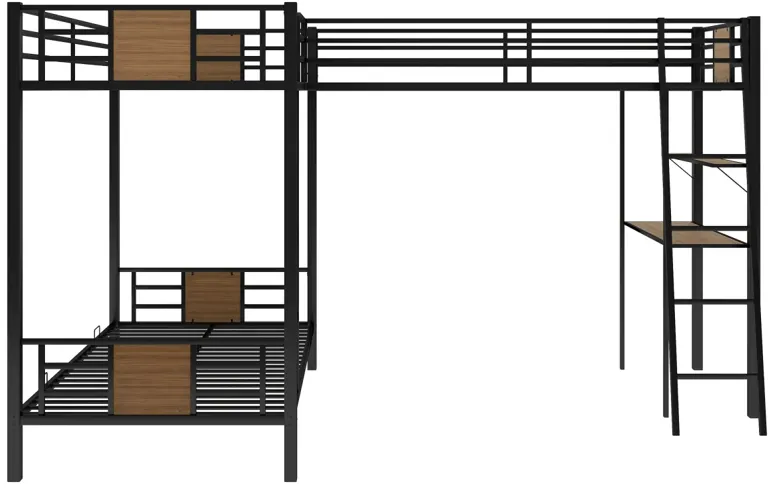 L-Shaped Twin Over Twin Bunk Bed With Twin Size Loft Bed With Desk And Shelf, Brown