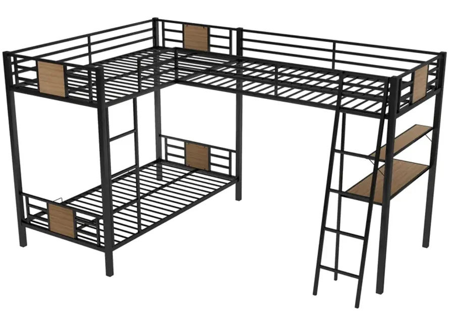 L-Shaped Twin Over Twin Bunk Bed With Twin Size Loft Bed With Desk And Shelf, Brown