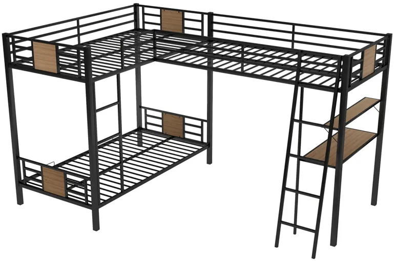 L-Shaped Twin Over Twin Bunk Bed With Twin Size Loft Bed With Desk And Shelf, Brown