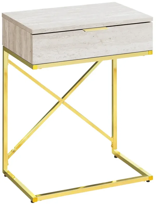 Monarch Specialties I 3473 Accent Table, Side, End, Nightstand, Lamp, Storage Drawer, Living Room, Bedroom, Metal, Laminate, Beige Marble Look, Gold, Contemporary, Modern