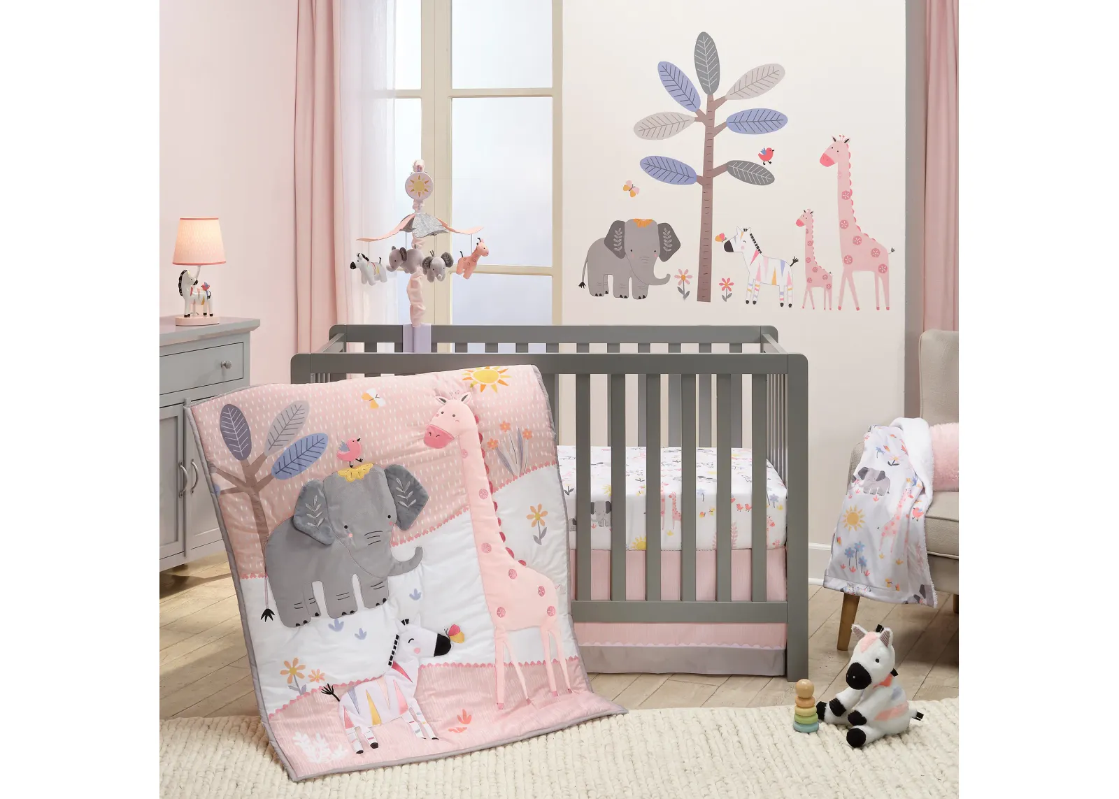 Lambs & Ivy Jazzy Jungle 3-Piece Safari Animals Pink Baby Crib Bedding Set