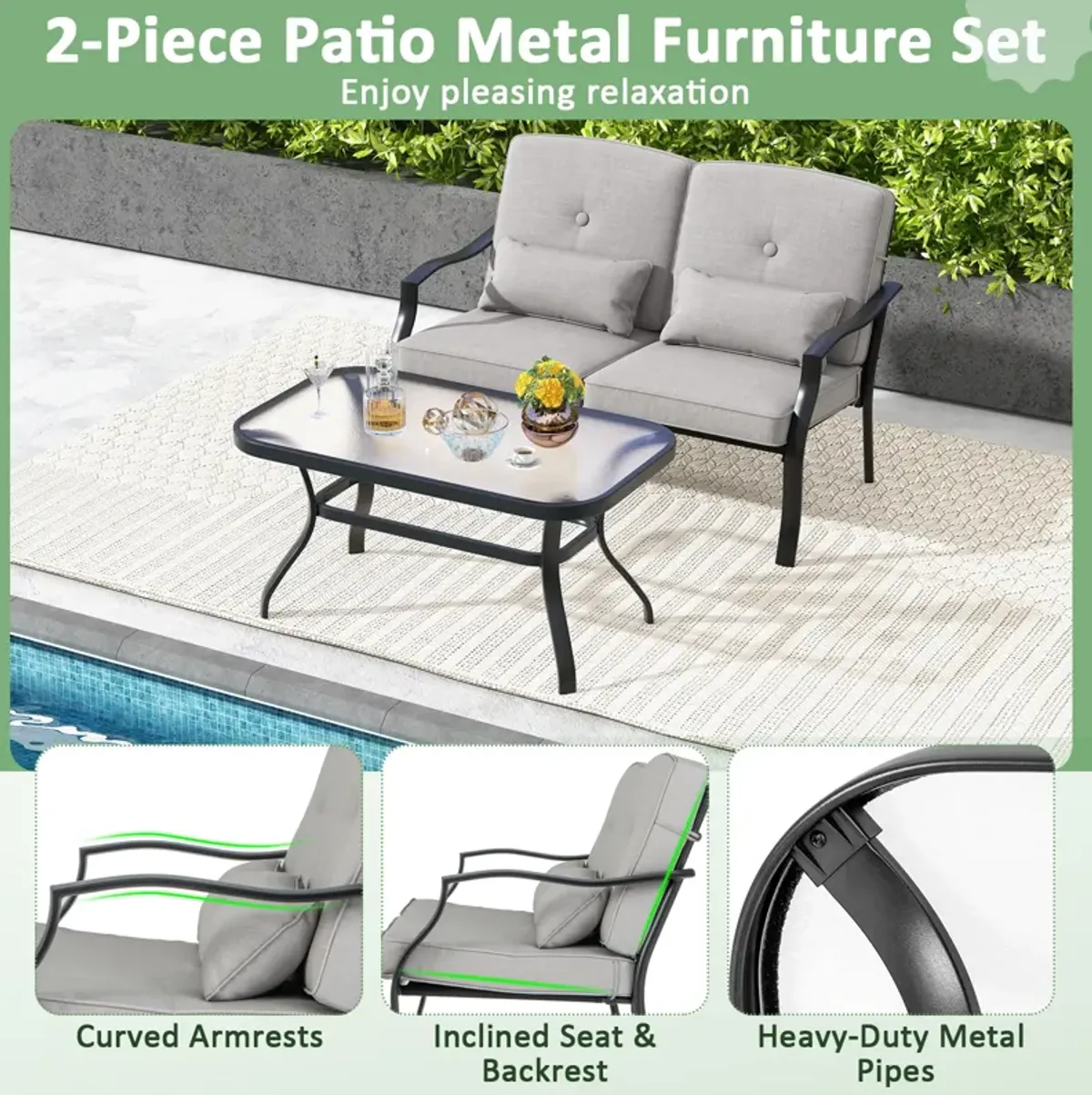 Outdoor Loveseat Chair Set with Tempered Glass Coffee Table