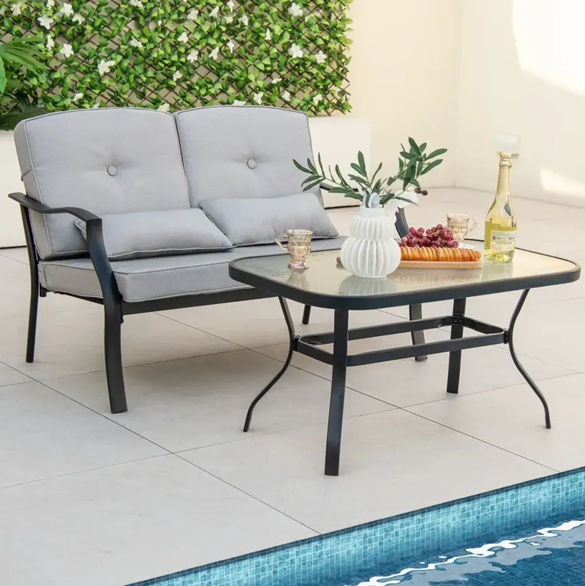 Outdoor Loveseat Chair Set with Tempered Glass Coffee Table