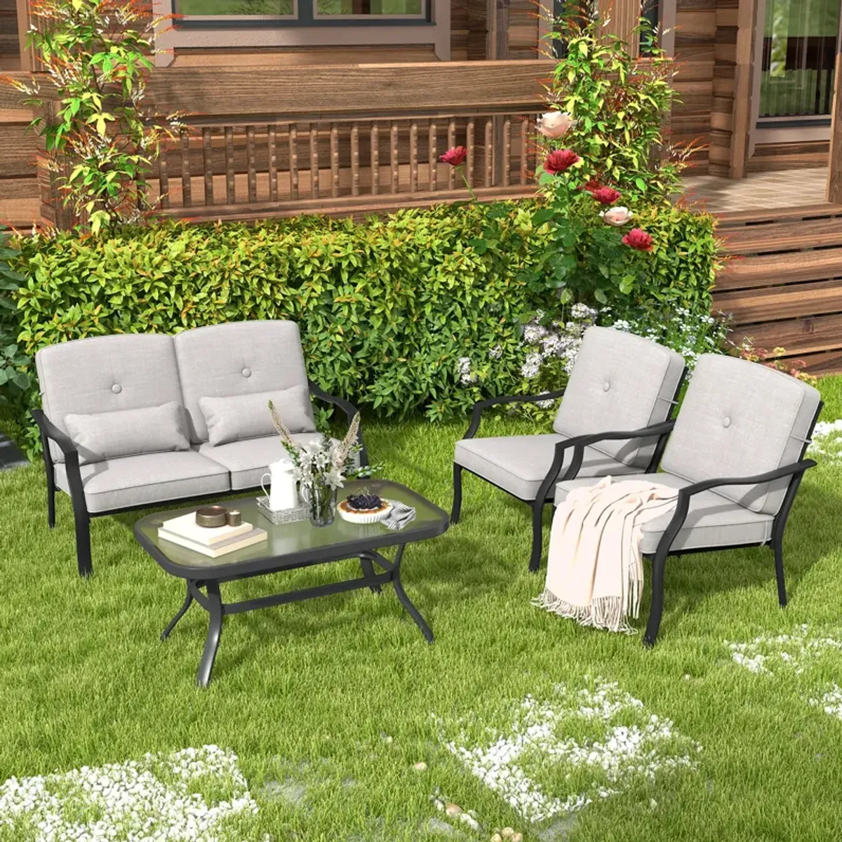 Outdoor Loveseat Chair Set with Tempered Glass Coffee Table