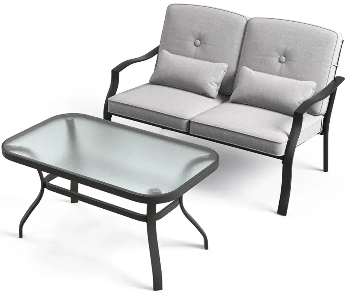 Outdoor Loveseat Chair Set with Tempered Glass Coffee Table