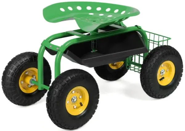 Hivvago Red/Green Garden Cart Rolling Work Seat With Heavy Duty Tool Tray Gardening Planting