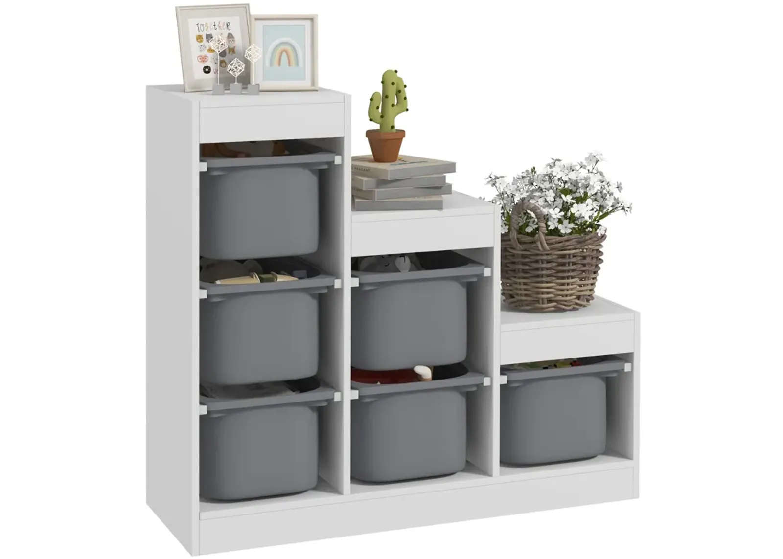 Qaba Kids Toy Storage Organizer w/ 3 Layers & 6 Storage Bins, Gray