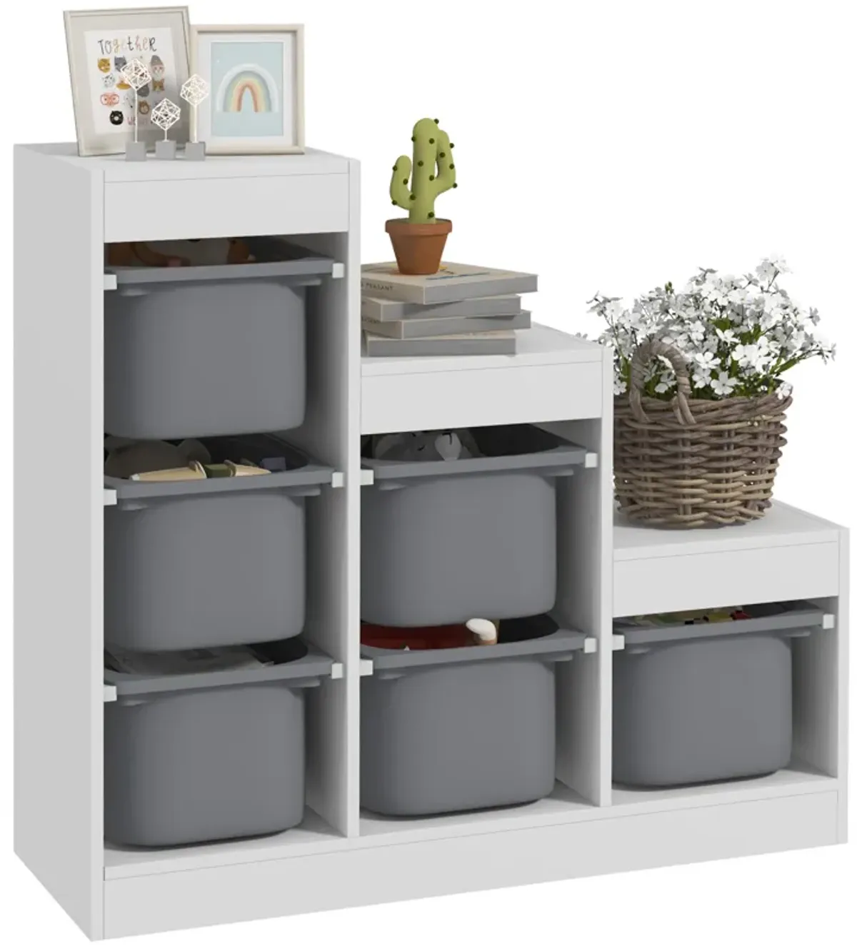 Qaba Kids Toy Storage Organizer w/ 3 Layers & 6 Storage Bins, Gray