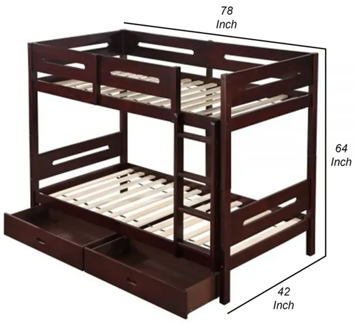 Asin Twin Bunk Bed, Front Facing Ladder, Storage, Solid Pine Wood, Brown - Benzara