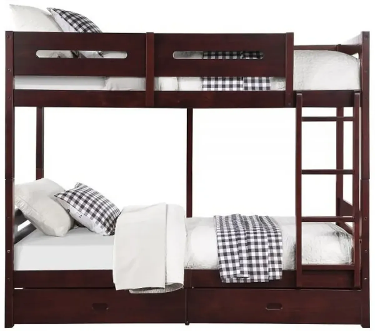 Asin Twin Bunk Bed, Front Facing Ladder, Storage, Solid Pine Wood, Brown - Benzara