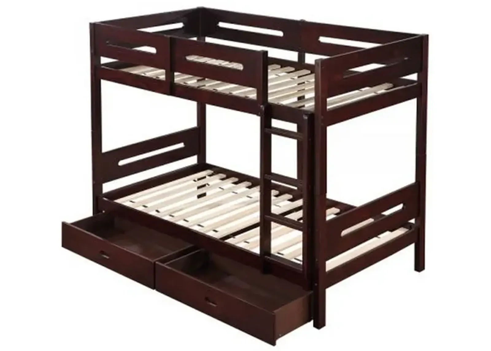 Asin Twin Bunk Bed, Front Facing Ladder, Storage, Solid Pine Wood, Brown - Benzara