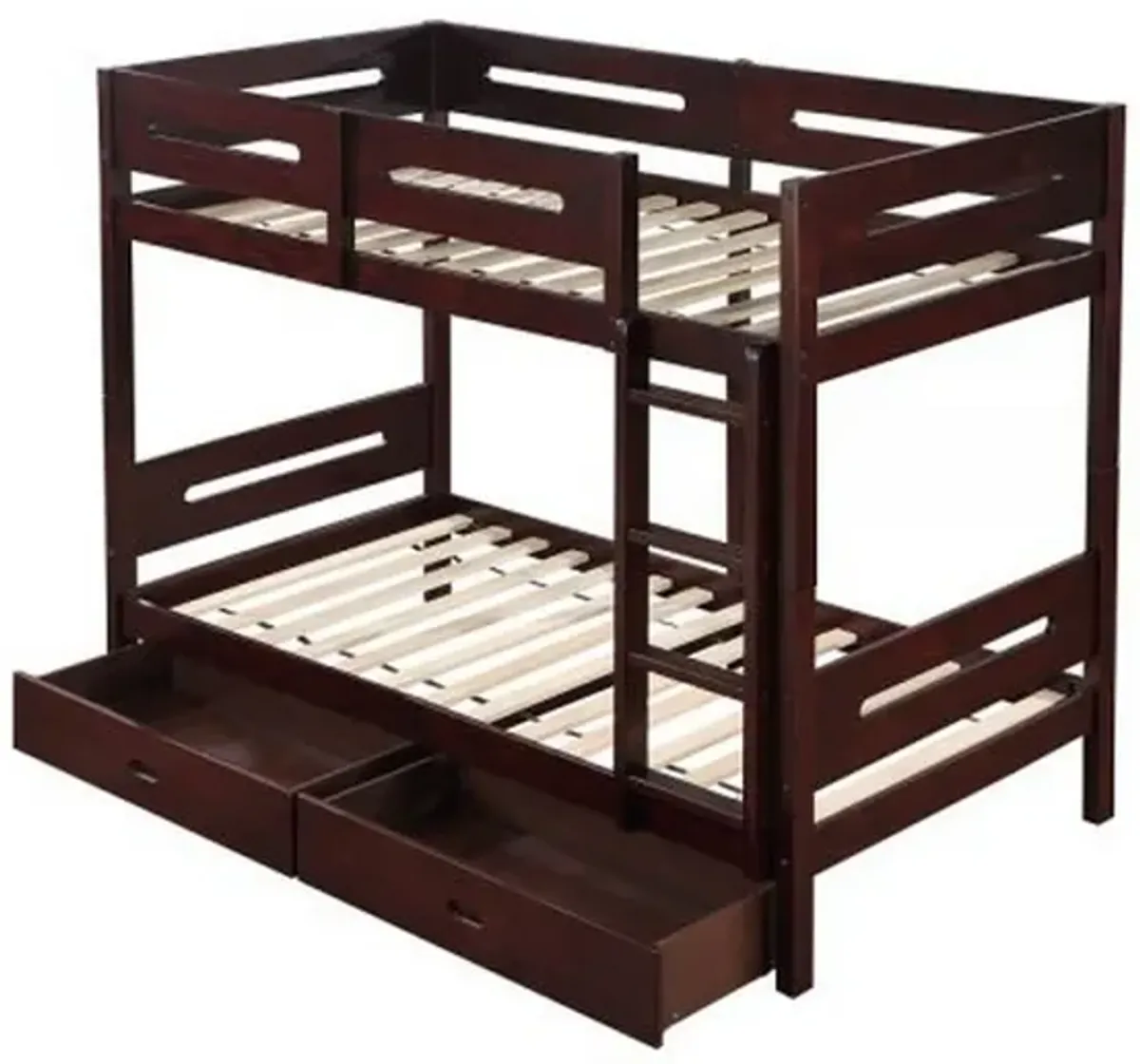 Asin Twin Bunk Bed, Front Facing Ladder, Storage, Solid Pine Wood, Brown - Benzara