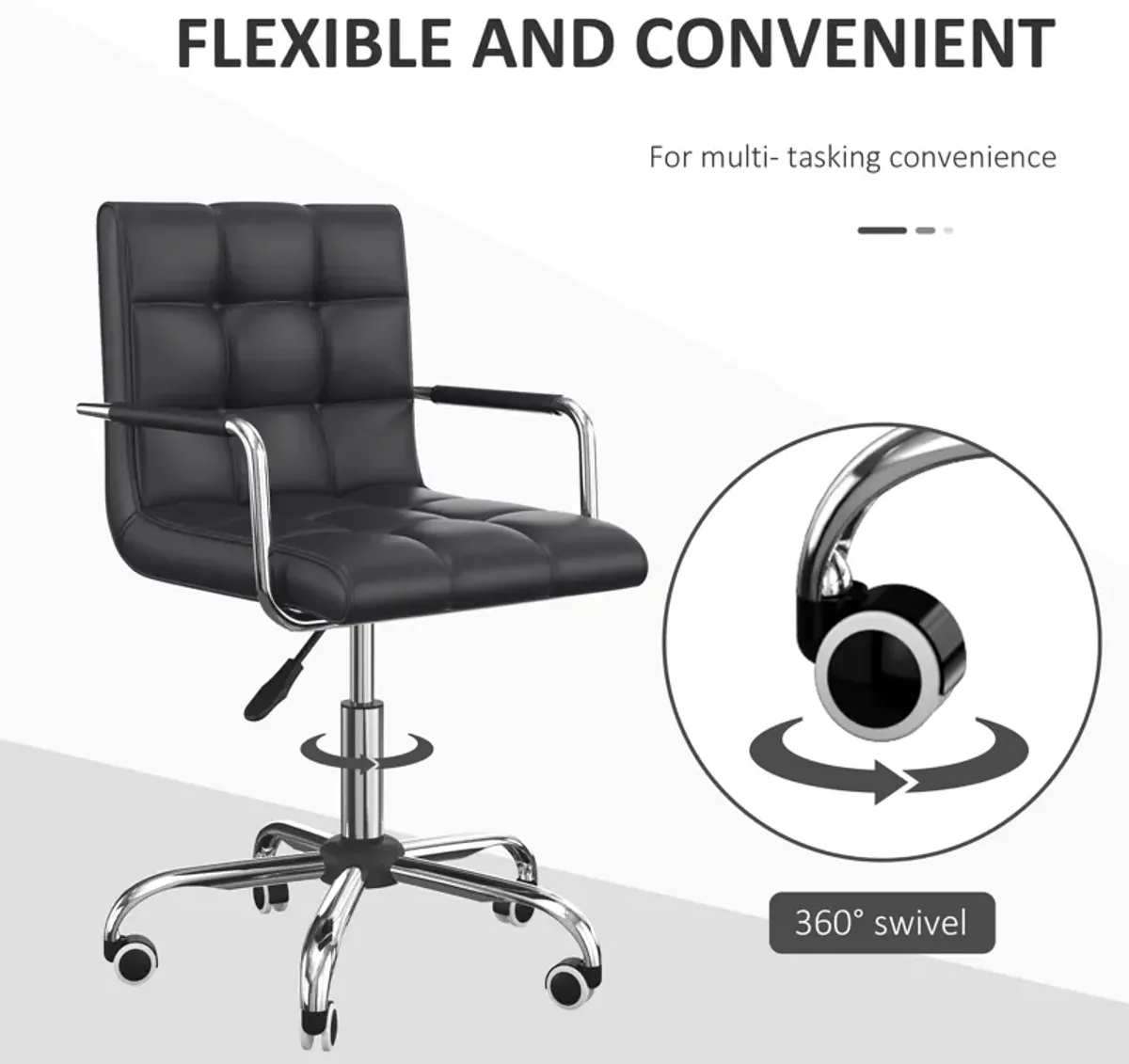 Ergonomic Task Seat: Black PU Leather Mid-Back Office Chair on Wheels