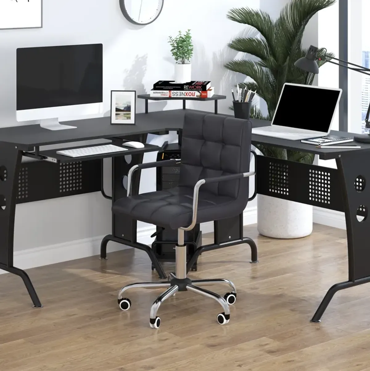 Ergonomic Task Seat: Black PU Leather Mid-Back Office Chair on Wheels