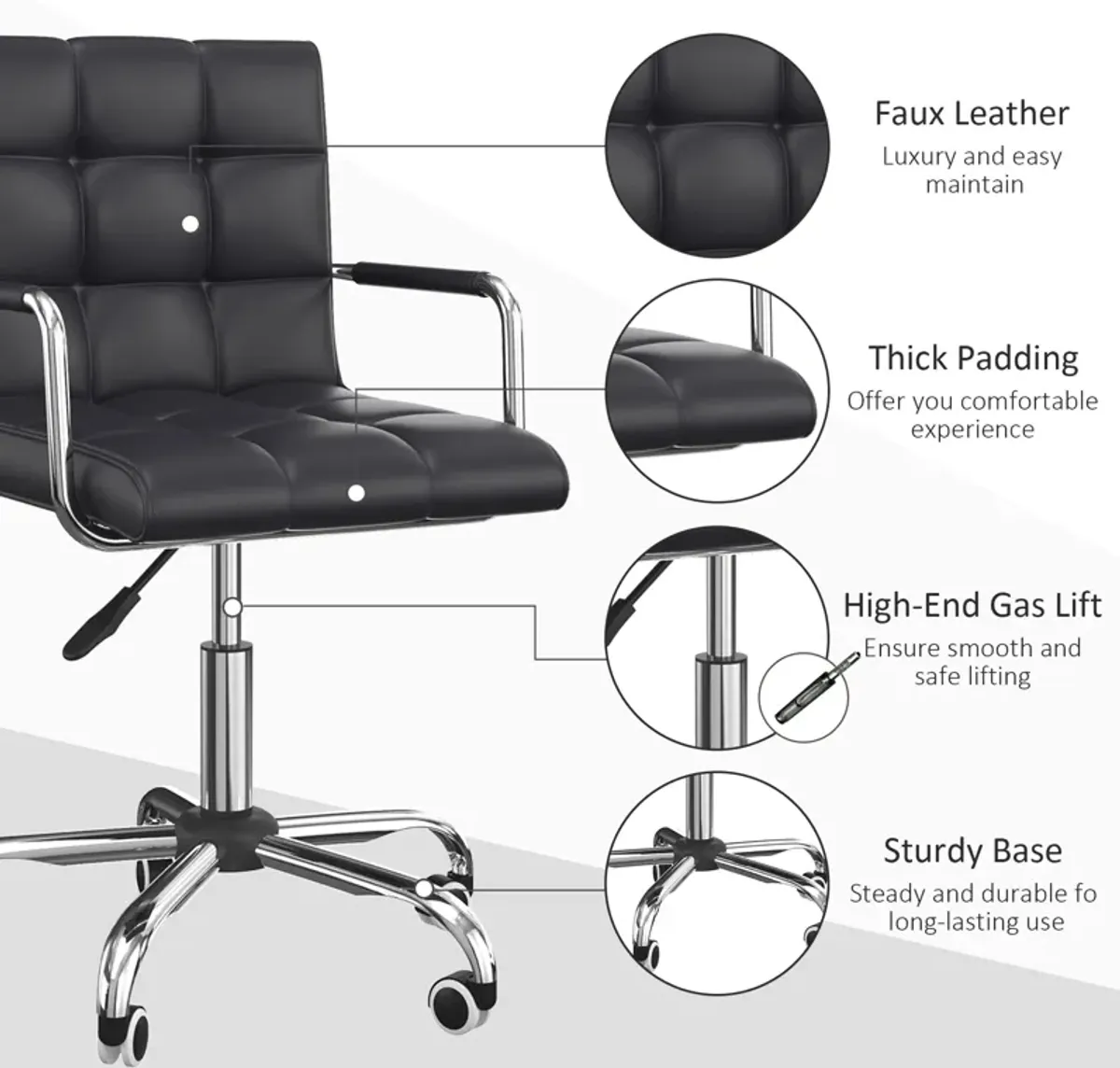 Ergonomic Task Seat: Black PU Leather Mid-Back Office Chair on Wheels