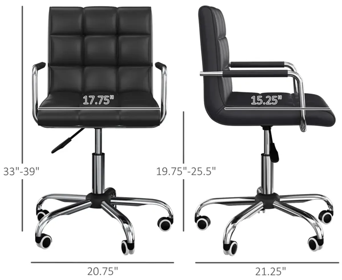 Ergonomic Task Seat: Black PU Leather Mid-Back Office Chair on Wheels