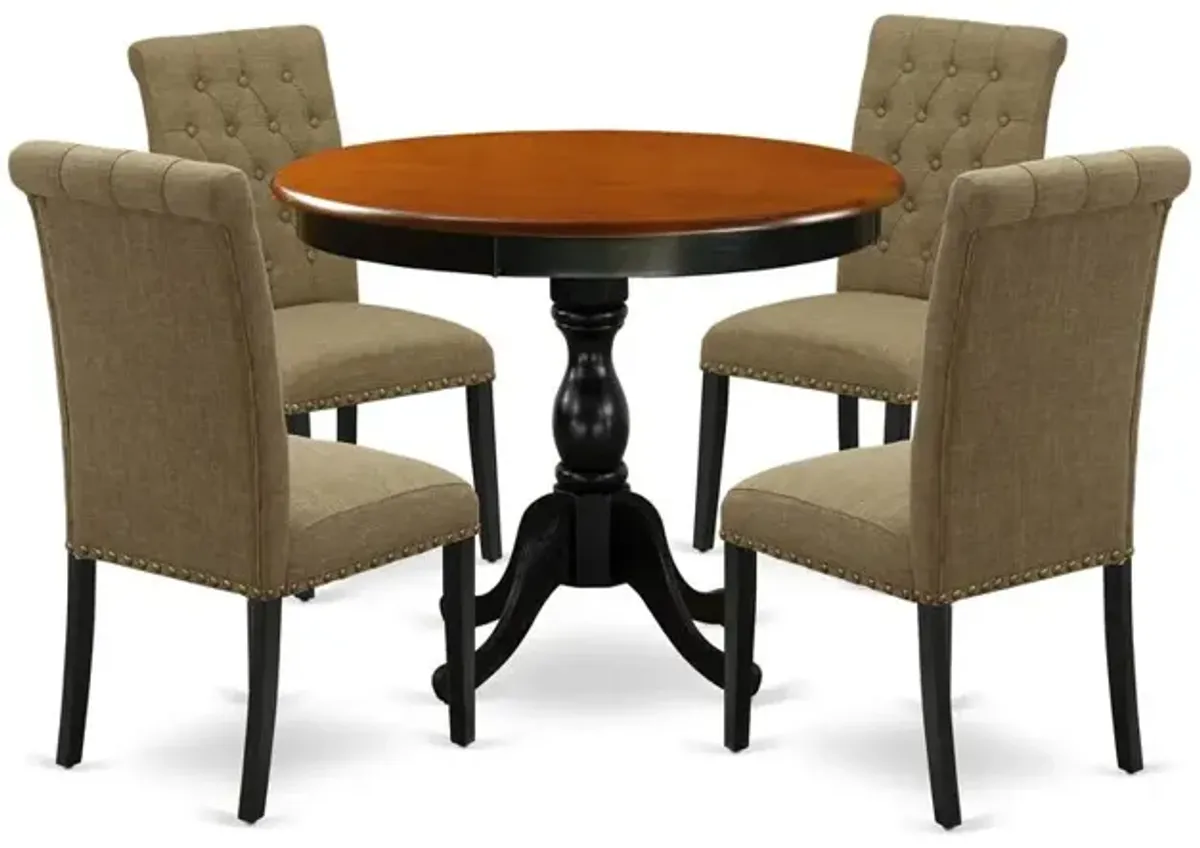 East West Furniture 5-Piece Dinning Table Set Includes a Dinning Table and 4 Light Sable Linen Fabric Modern Dining Chairs with Button Tufted Back - Black Finish