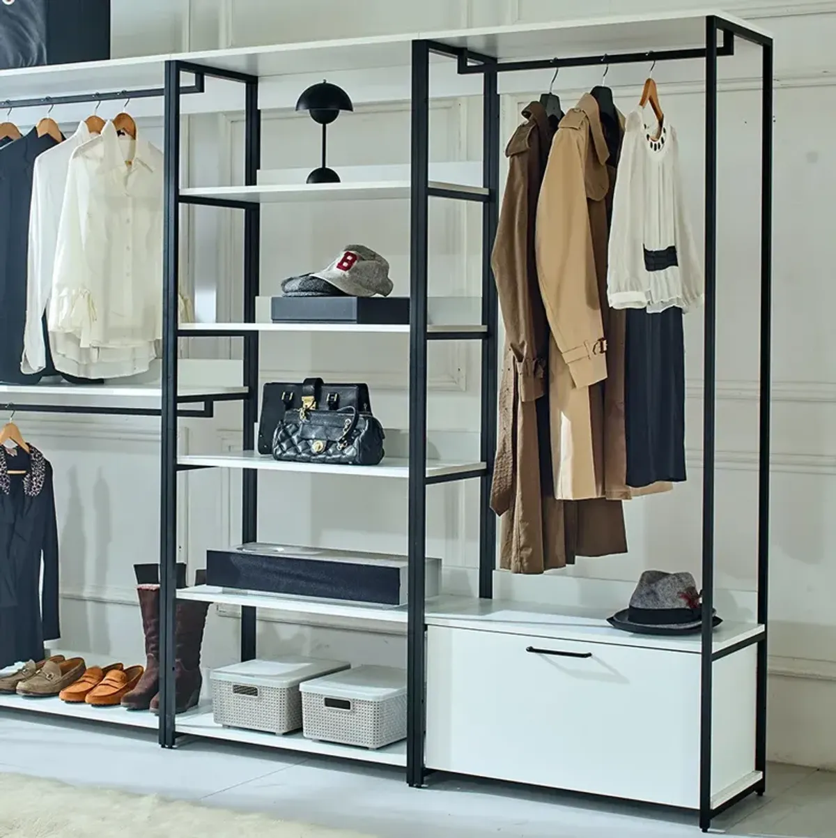 FC Design Klair Living White Freestanding Walk in Wood Closet System with Metal Frame