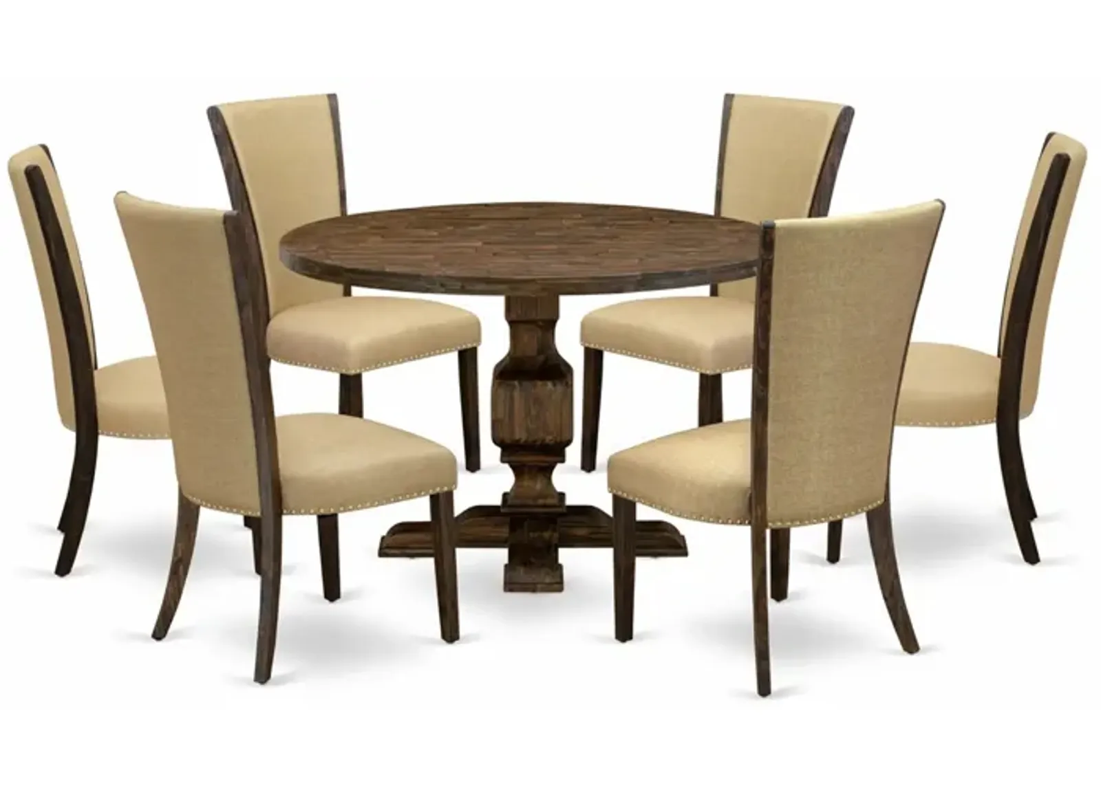 East West Furniture I3VE7-703 7Pc Dining Set - Round Table and 6 Parson Chairs - Distressed Jacobean Color