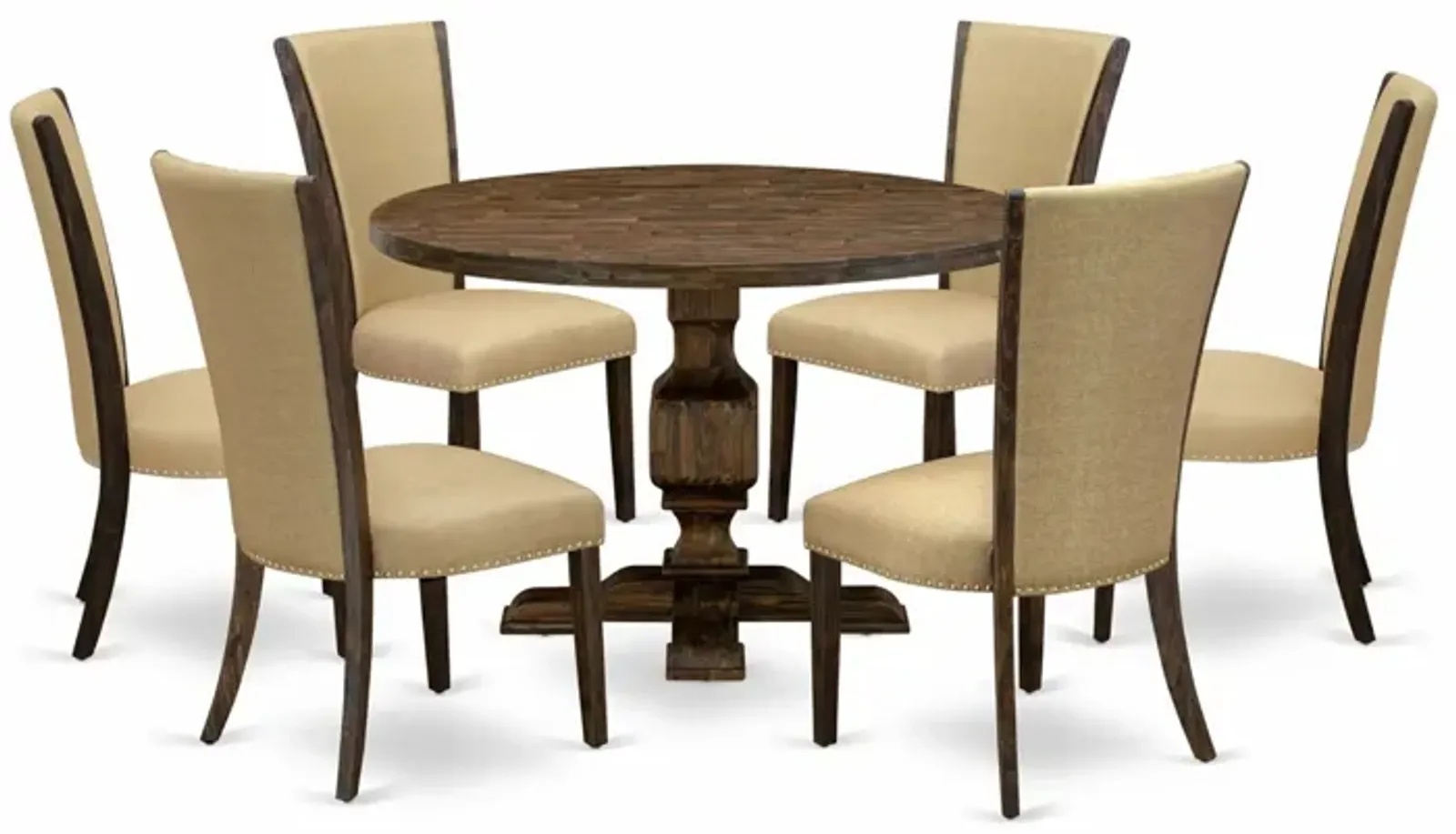 East West Furniture I3VE7-703 7Pc Dining Set - Round Table and 6 Parson Chairs - Distressed Jacobean Color