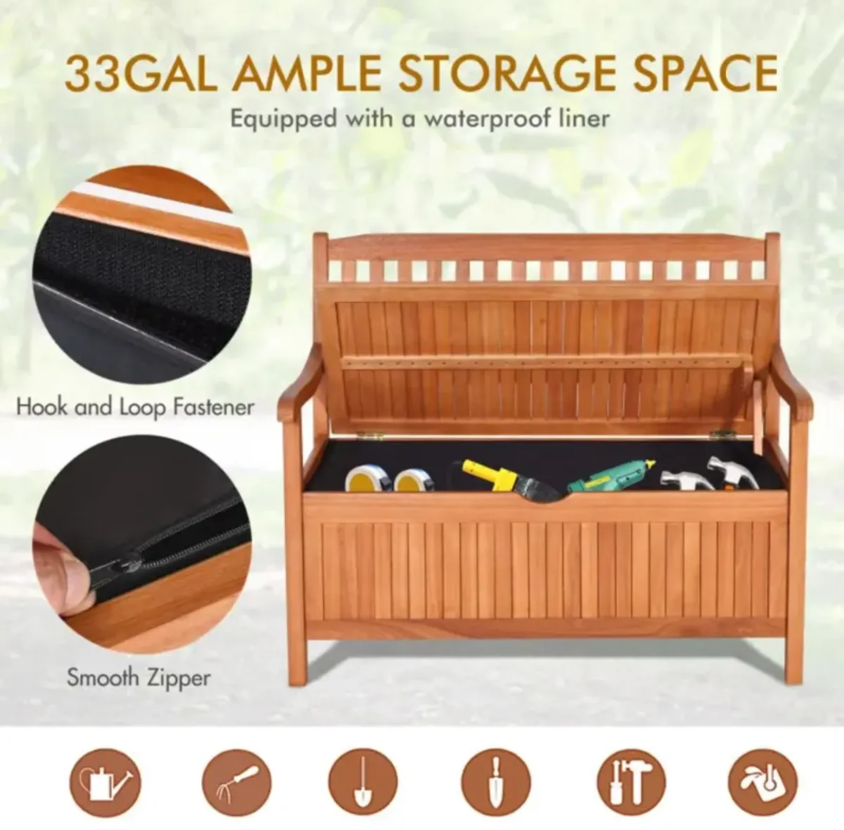 Hivvago 33 Gallon Wooden Storage Bench with Liner for Patio Garden Porch