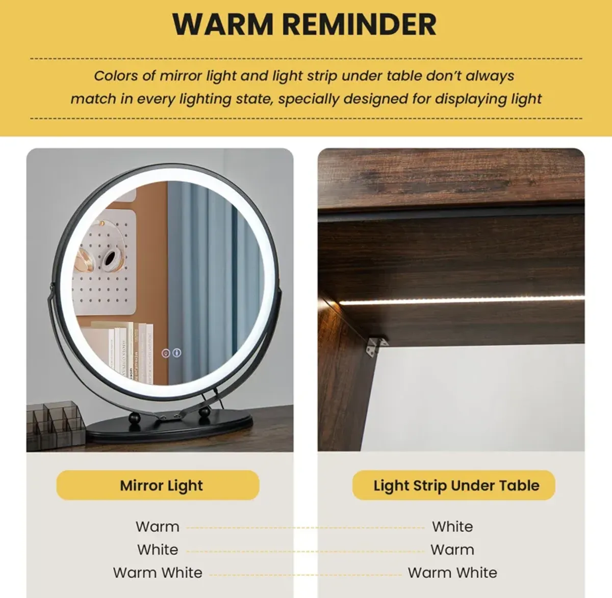 Vanity Table Set with 3-Color Lighted Mirror and Charging Station