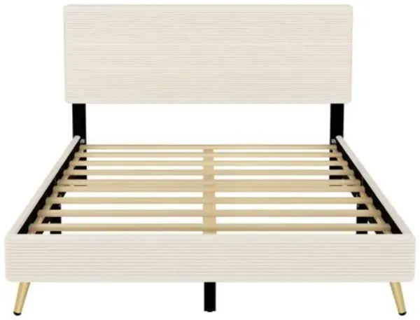 Modern Corduroy Bed Frame with Textured Upholstered Stripe Headboard