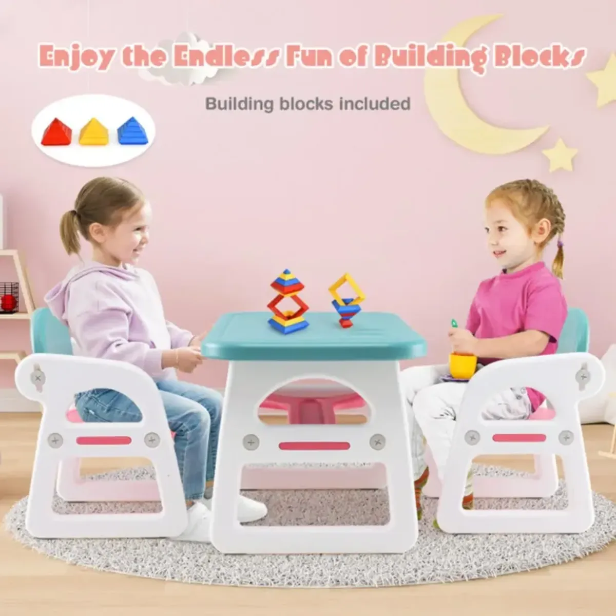 Hivvago Kids Table and Chair Set with Building Blocks