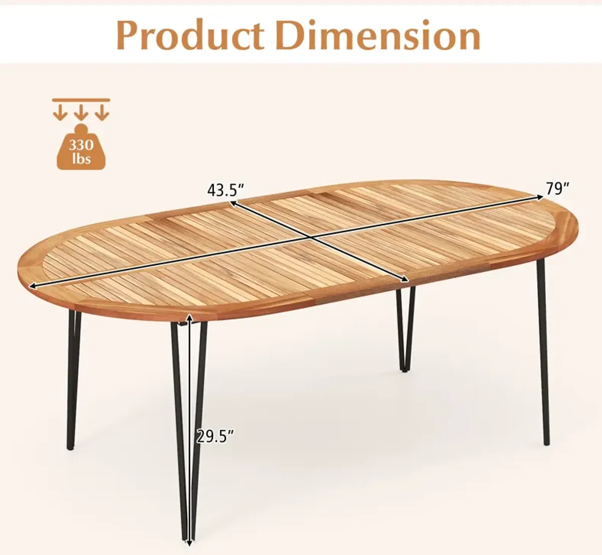 79 Inch Oval Patio Dining Table with Umbrella Hole and Acacia Wood Tabletop for 8 People