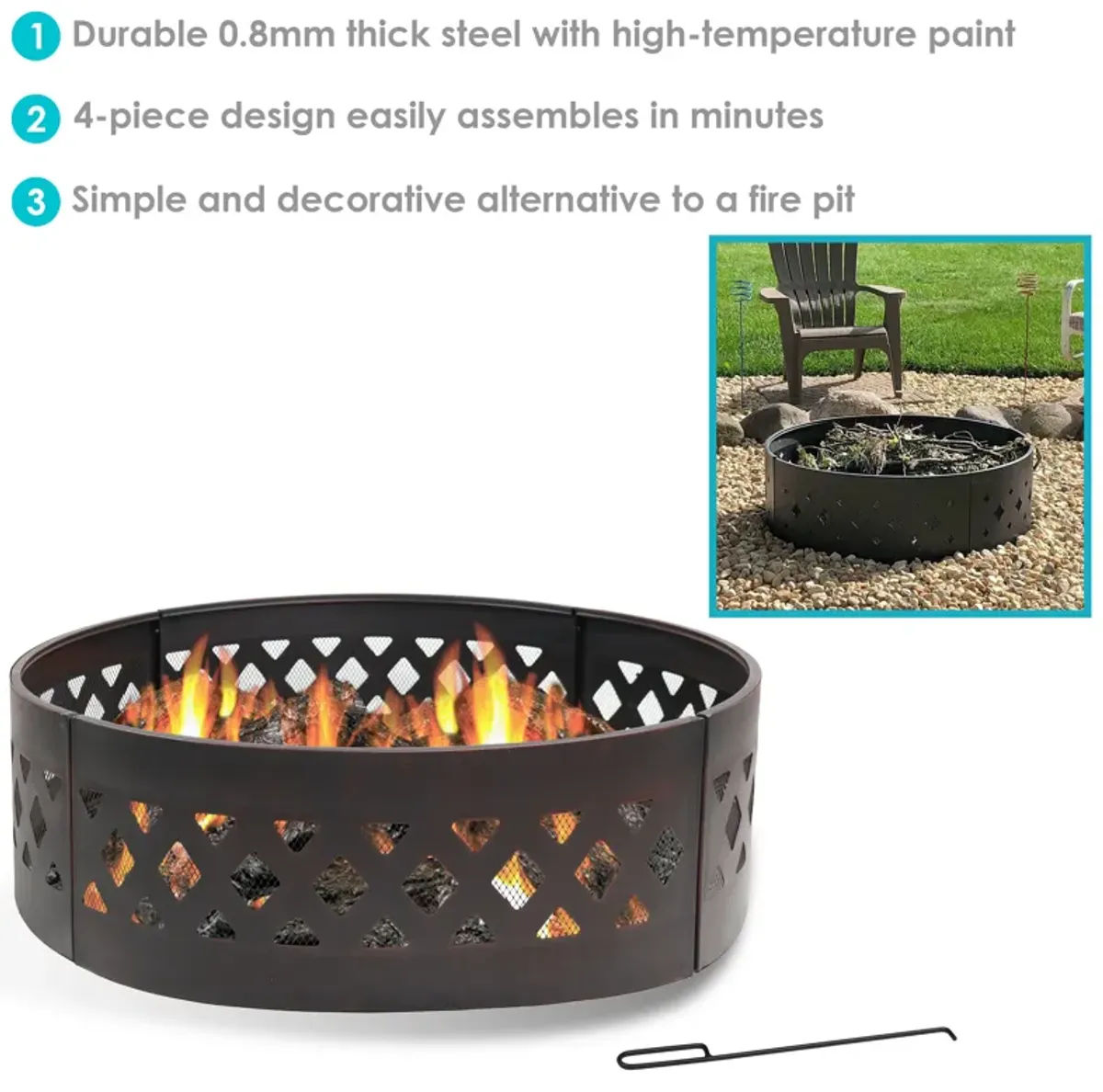 Sunnydaze 36 in Crossweave Steel Wood Burning Fire Pit Ring with Poker