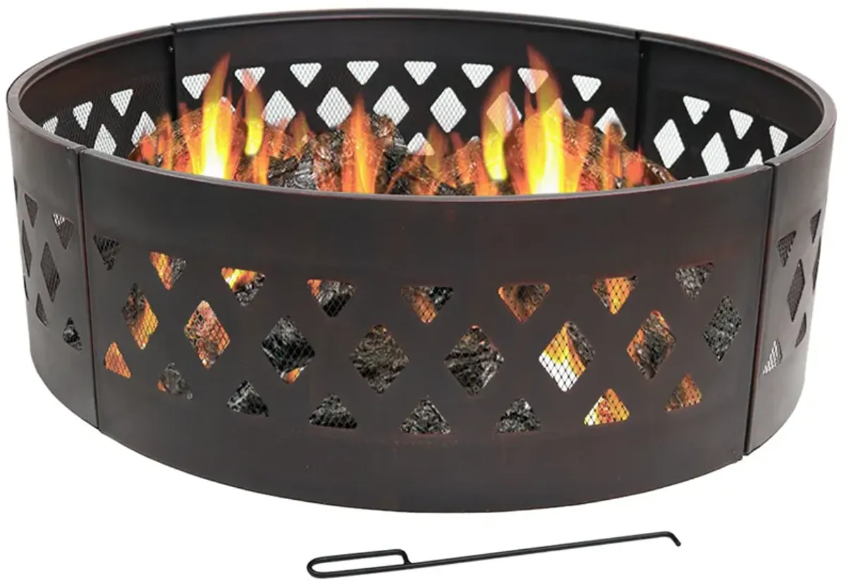 Sunnydaze 36 in Crossweave Steel Wood Burning Fire Pit Ring with Poker